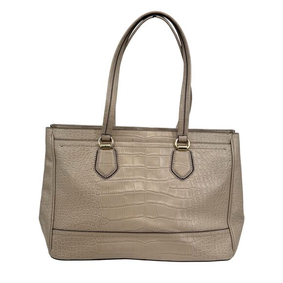 Cole Haan Tail Leather Croc Embossed Tote Taupe Double Zip Work Travel - Picture 2 of 14
